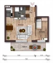Grundriss Wohnung: Alle Daten, Aufma�e und Details sind ohne Gew�hr und dienen lediglich der Anschauung. Kapitalanlage nahe Binnenwasser: 2-Zimmer-Wohnung mit Balkon, Stellplatz und Staffelmiete